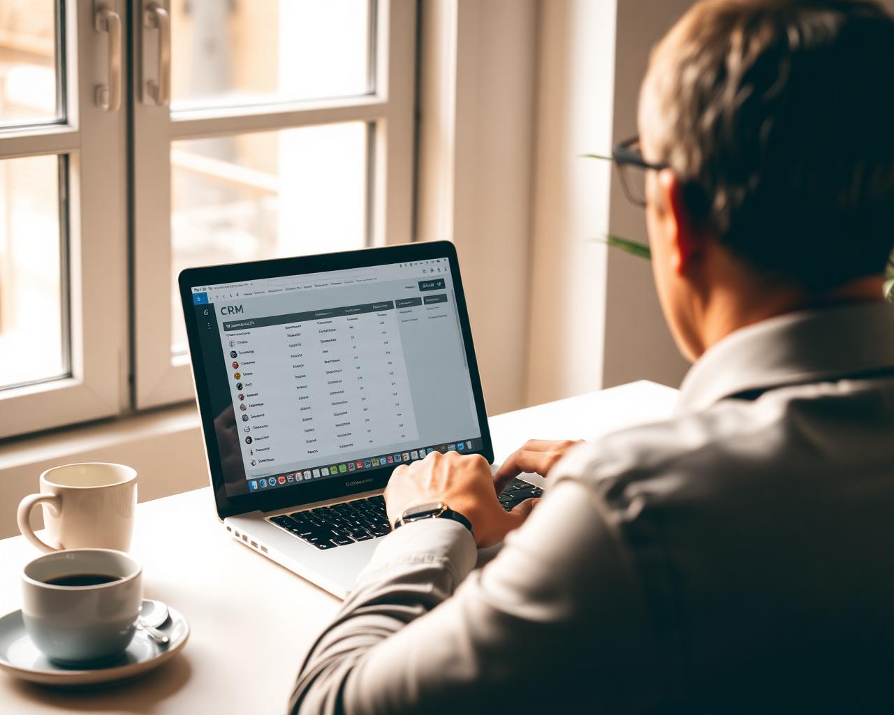 Professional reviewing a CRM dashboard on a laptop